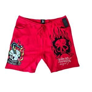 Ed Hardy Y2K Red Shorts Mens XXL Skull Snake Dragon Spell Out Double Sided - NEW